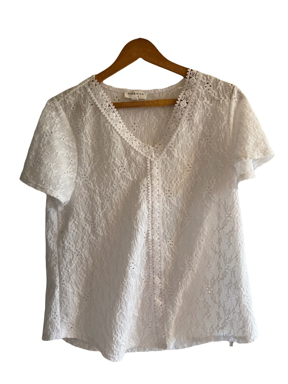 White Eyelet V-Neck Short Sleeve Blouse